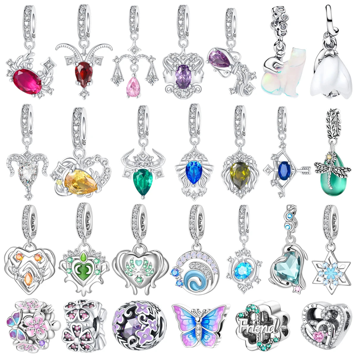 CHARM IN ARGENTO 925 ZODIACO ANIMALI QUADRIFOGLIO CUORE FIORI